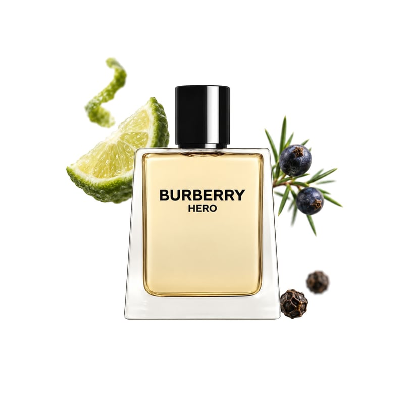 Hero by Burberry, bottle pictured with its key notes: Bergamot, Juniper and Black Pepper