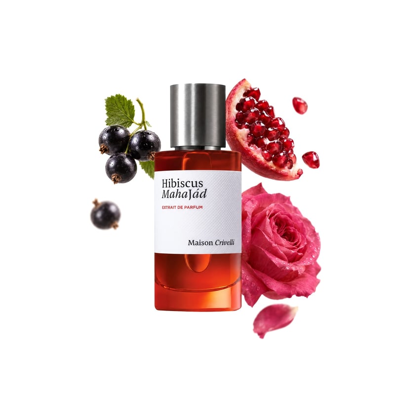 Hibiscus Mahajád by Maison Crivelli, bottle pictured with its key notes: Blackcurrant, Pomegranate and Rose Damascena