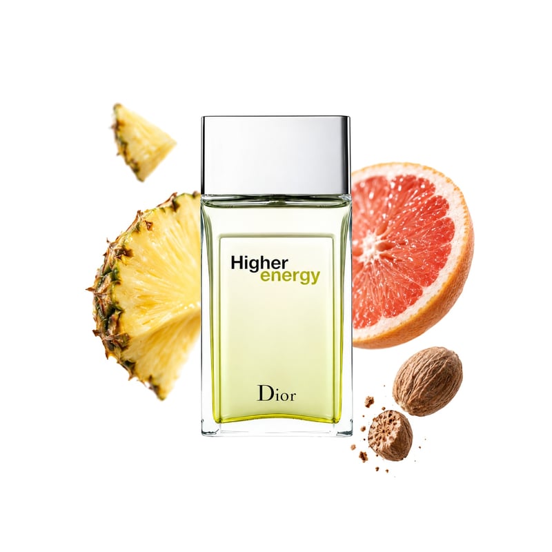 Higher Energy by Dior, bottle pictured with its key notes: Pineapple, Grapefruit and Nutmeg
