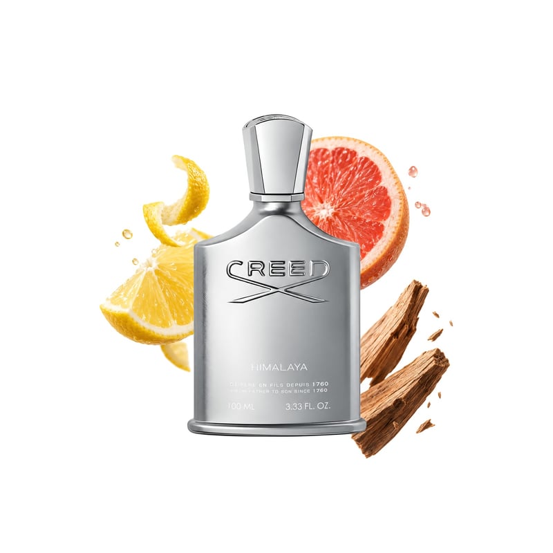 Himalaya by Creed, bottle pictured with its key notes: Lemon, Grapefruit and Sandalwood