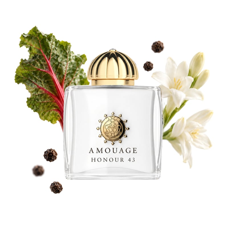 Honour 43 Woman by Amouage, bottle pictured with its key notes: Rhubarb Leaf, Pepper and Tuberose
