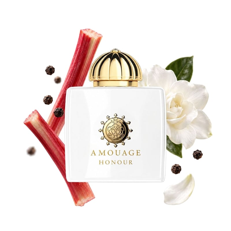 Honour Woman by Amouage, bottle pictured with its key notes: Rhuburb, Pepper and Gardenia