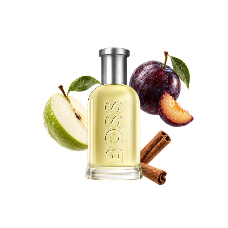 Boss Bottled by Hugo Boss, bottle pictured with its key notes: Apple, Plum and Cinnamon
