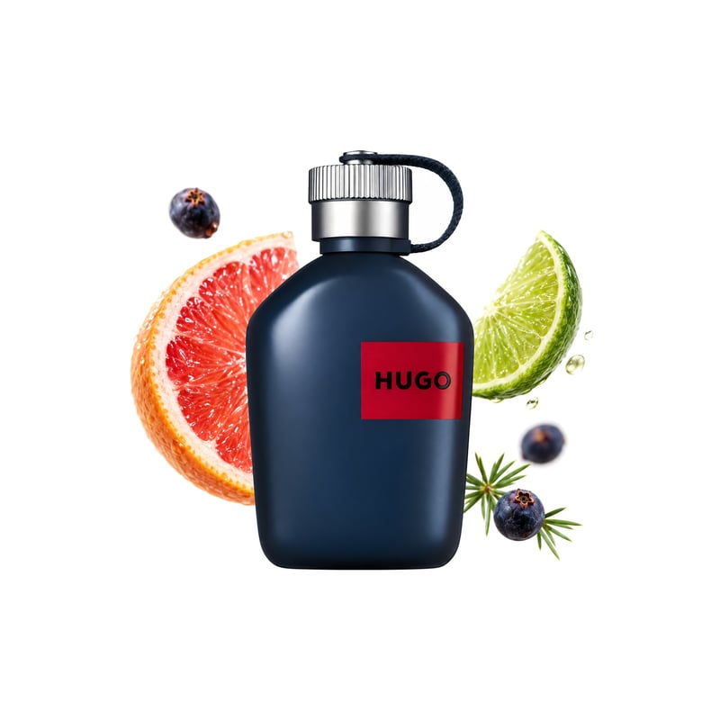 Hugo Jeans Man von Hugo Boss, Flakon mit seinen Hauptnoten: Limette, Grapefruit und Wacholderbeeren