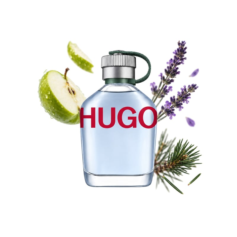 Hugo Man de Hugo Boss, flacon entouré de ses notes clés : Pomme verte, Lavande et Pin