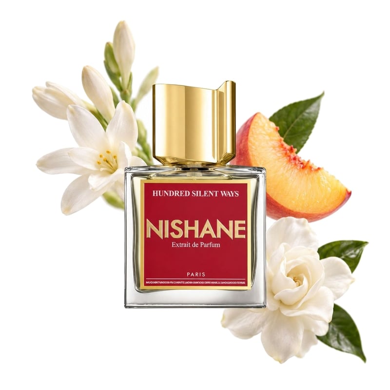 Hundred Silent Ways by Nishane, bottle pictured with its key notes: Tuberose, Peach and Gardenia