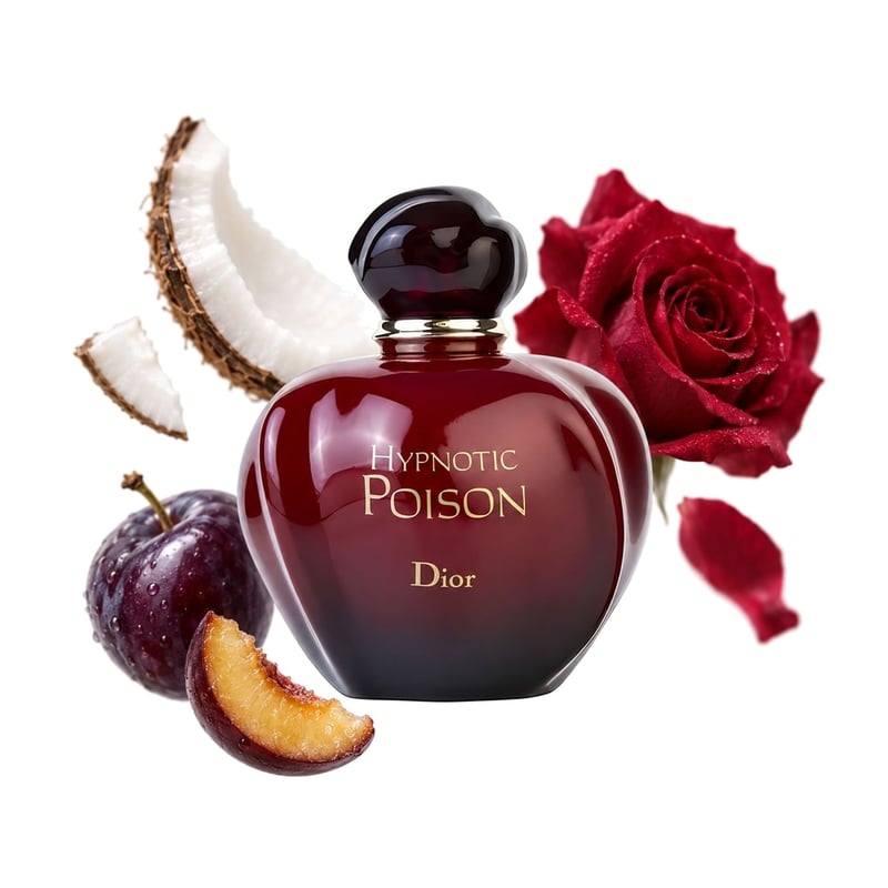 Hypnotic Poison by Dior, bottle pictured with its key notes: Coconut, Plum and Rose
