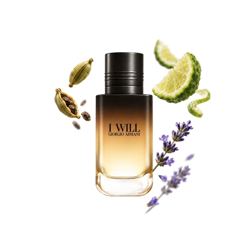 I Will by Giorgio Armani, bottle pictured with its key notes: Cardamom, Bergamot and Lavender