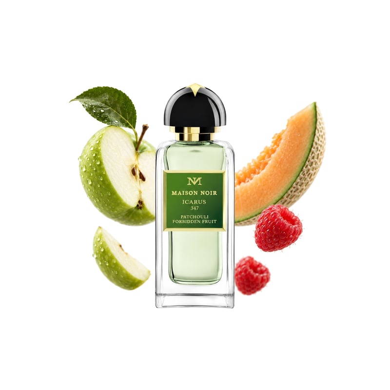 Icarus 347 by Maison Noir, bottle pictured with its key notes: Green Apple, Melon and Raspberry