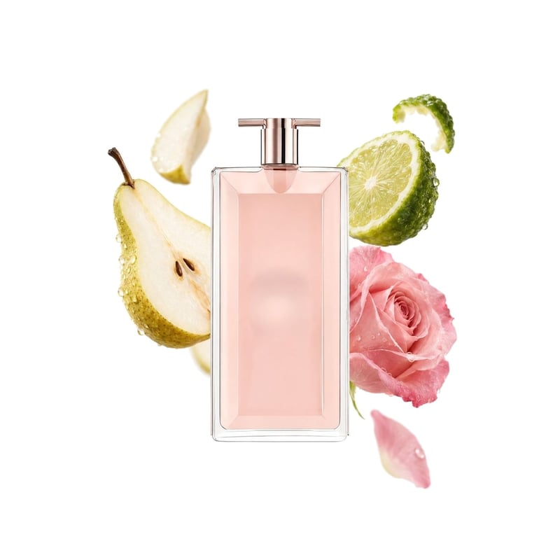 Idôle by Lancôme, bottle pictured with its key notes: Pear, Bergamot and Rose