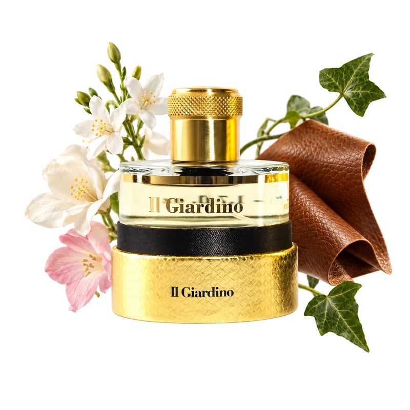 Il Giardino by Pantheon Roma, bottle pictured with its key notes: Floral Notes, Ivy and Leather