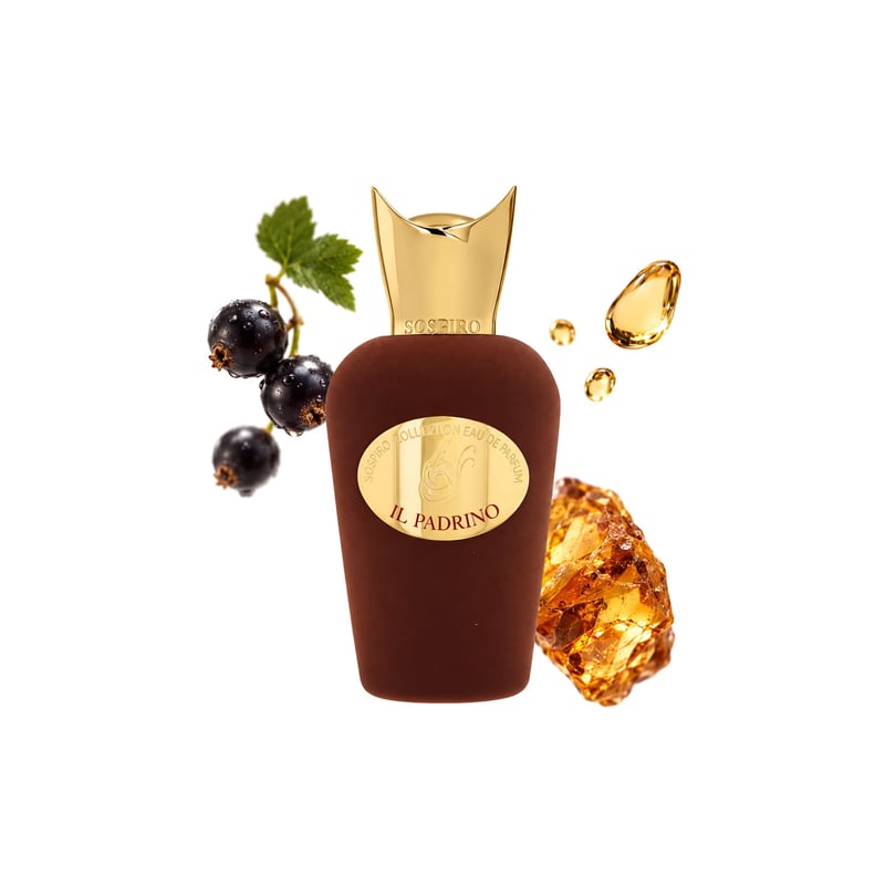 Il Padrino by Sospiro, bottle pictured with its key notes: Black Currant, Rum and Amber
