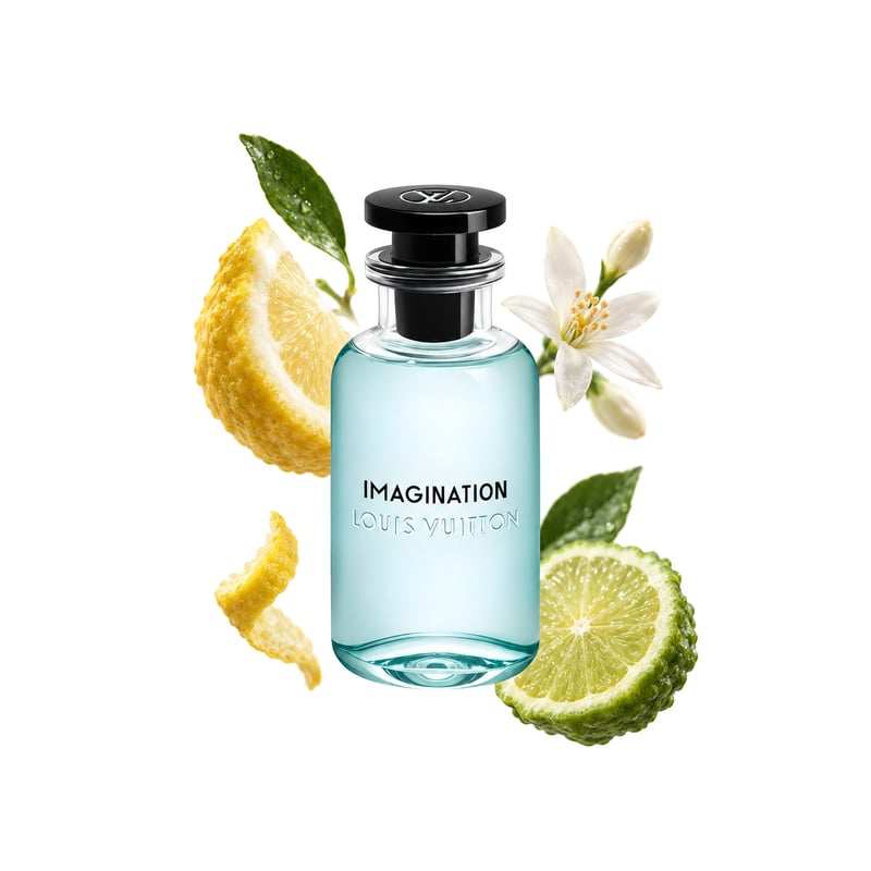 Imagination by Louis Vuitton, bottle pictured with its key notes: Citron, Calabrian Bergamot and Tunisian Neroli