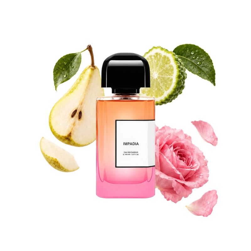 Impadia by BDK Parfums, bottle pictured with its key notes: Pear, Bergamot and Bulgarian Rose