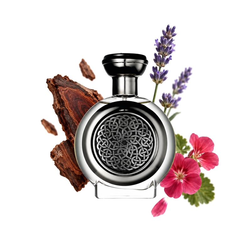 Imperial by Boadicea The Victorious, bottle pictured with its key notes: Brazilian Rosewood, Lavender and Geranium
