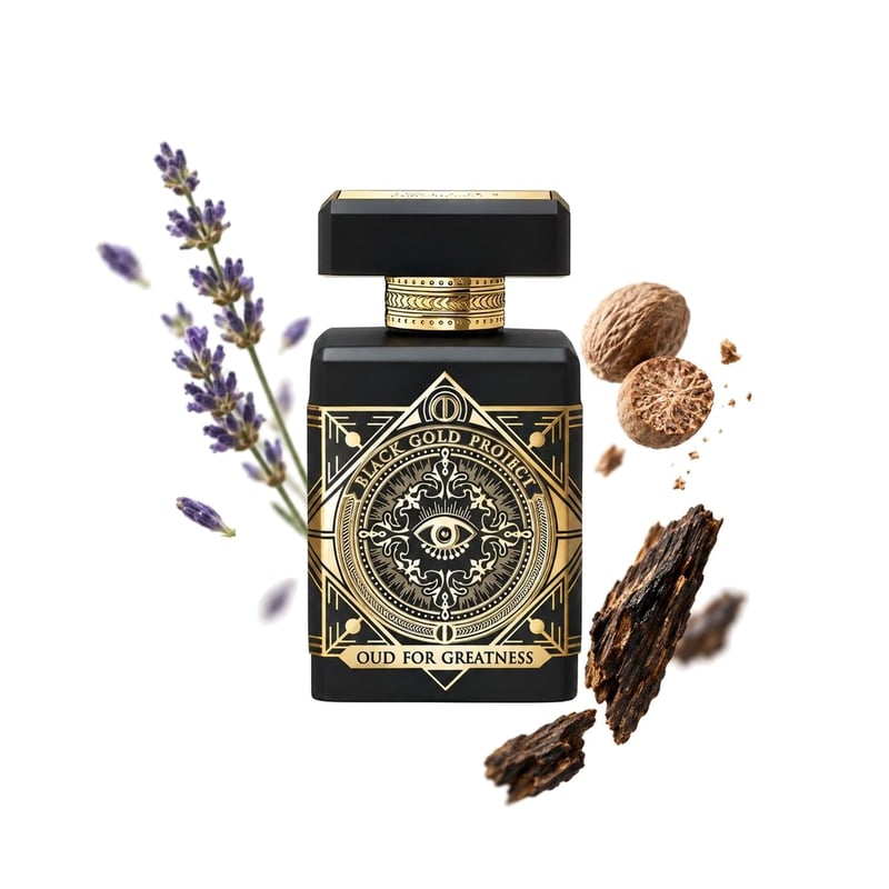 Oud for Greatness by Initio Parfums Prives, bottle pictured with its key notes: Lavender, Nutmeg and Agarwood