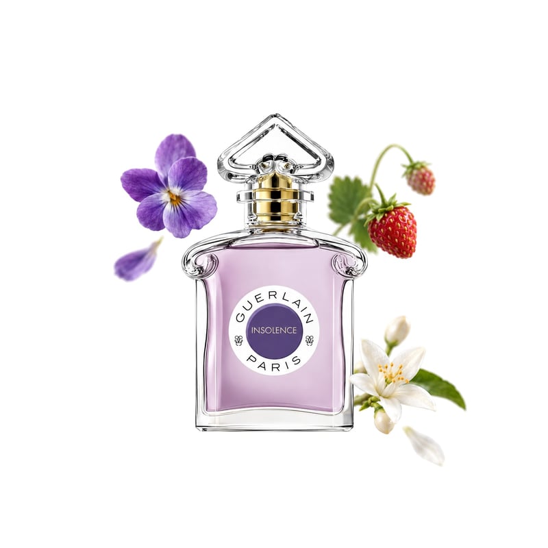 Insolence Eau de Parfum by Guerlain, bottle pictured with its key notes: Violet, Wild Strawberry and Orange Blossom