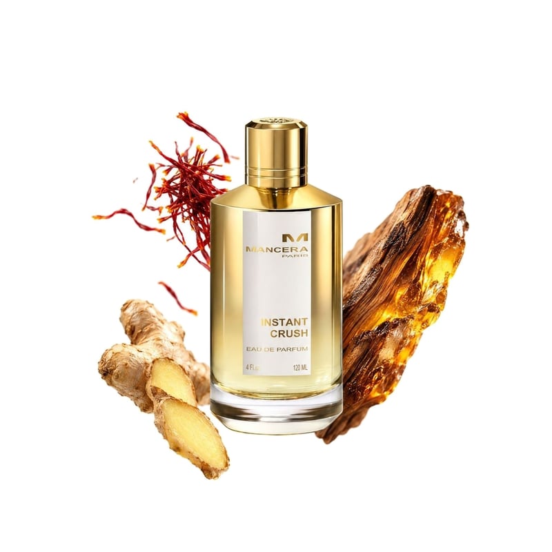 Instant Crush by Mancera, bottle pictured with its key notes: Saffron, Ginger and Amberwood