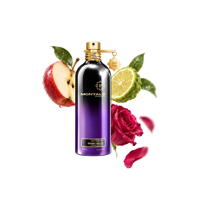 Intense Starry Nights by Montale, bottle pictured with its key notes: Apple, Sicilian Bergamot and Rose