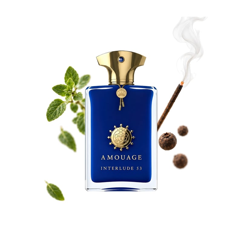 Amouage Interlude 53 Man, az üveg és fő illatjegyei: Oregánó, Szegfűbors és Tömjén