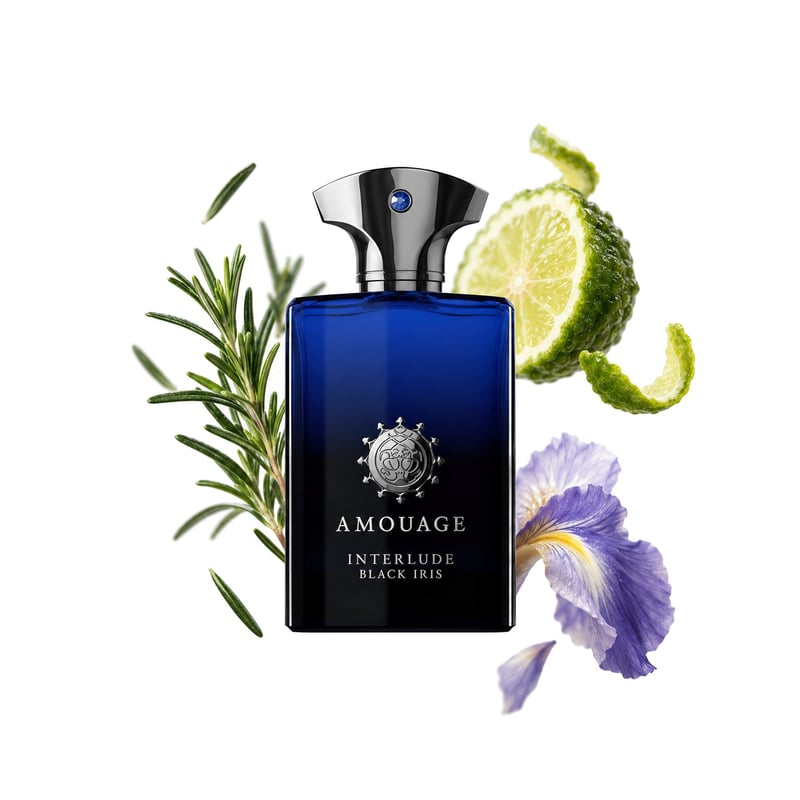 Interlude Black Iris by Amouage, bottle pictured with its key notes: Rosemary, Bergamot and Orris