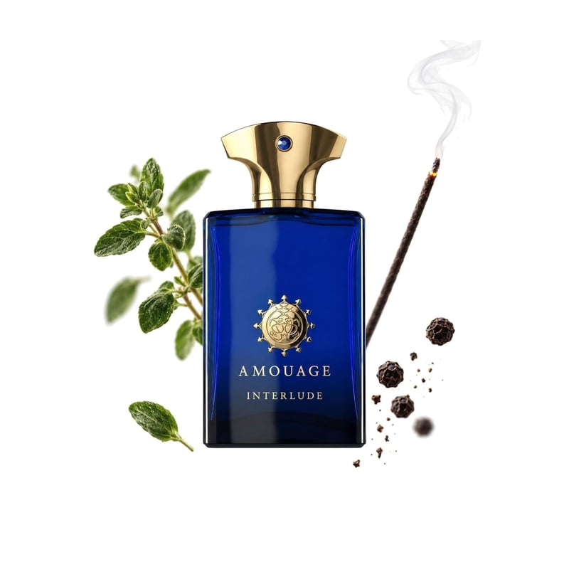 Interlude Man by Amouage, bottle pictured with its key notes: Oregano, Pepper and Incense