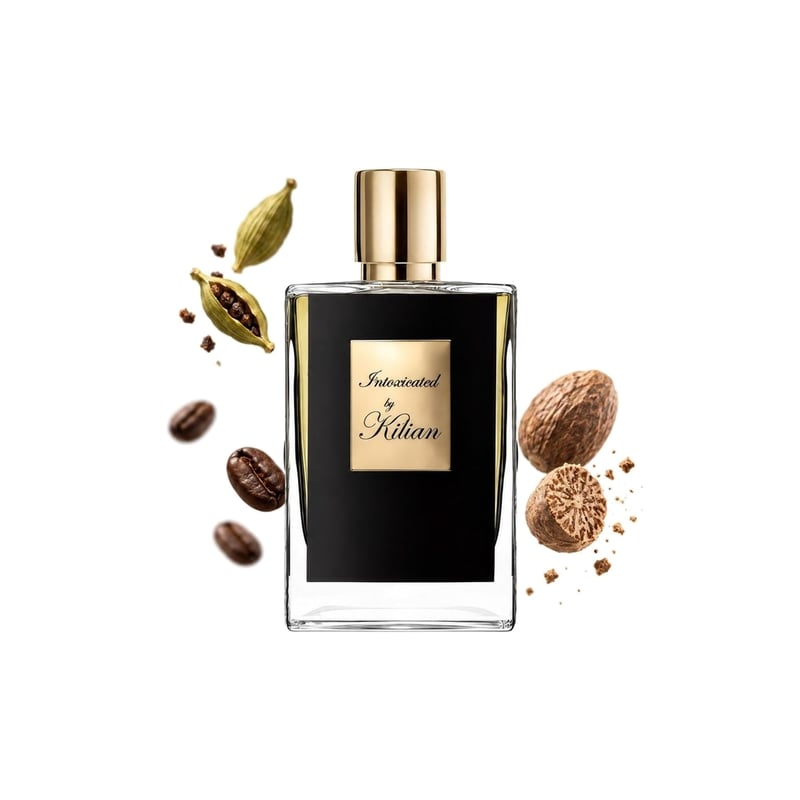 Intoxicated von By Kilian, Flakon mit seinen Hauptnoten: Kardamom, Kaffee und Muskatnuss