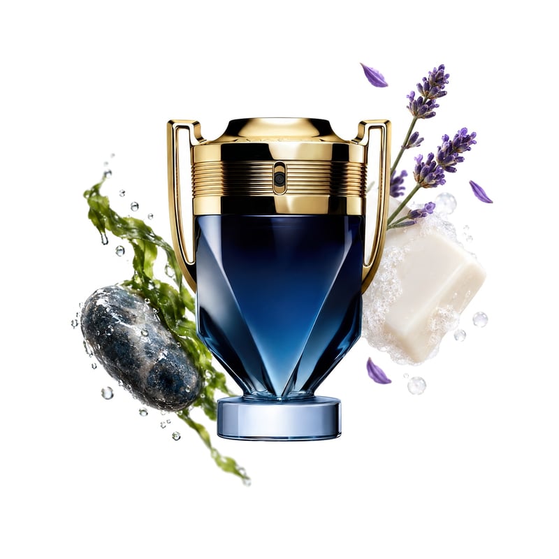 Invictus Parfum by Rabanne, bottle pictured with its key notes: Marine Notes, Lavender and Soap
