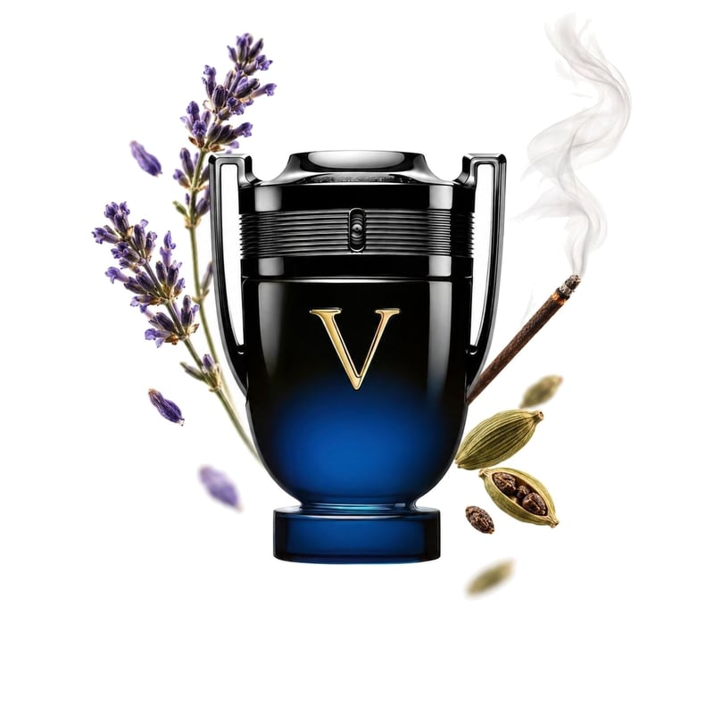 Invictus Victory Elixir von Rabanne, Flakon mit seinen Hauptnoten: Lavendel, Kardamom und Weihrauch