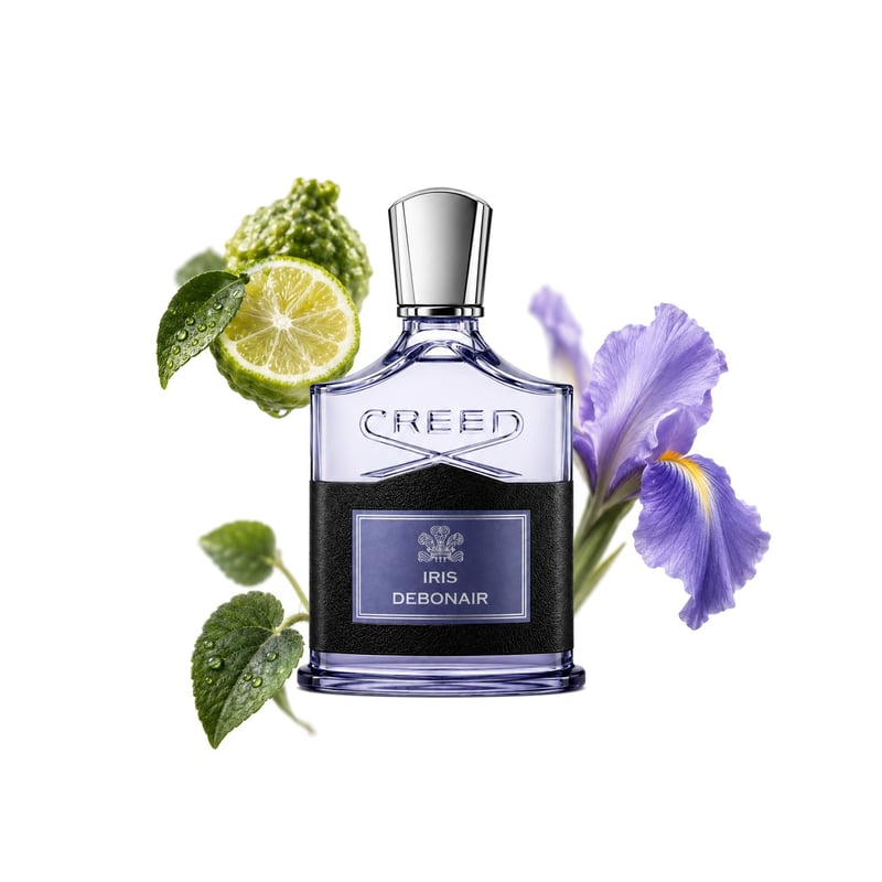 Iris Debonair by Creed, bottle pictured with its key notes: Bergamot, Violet Leaf and Iris