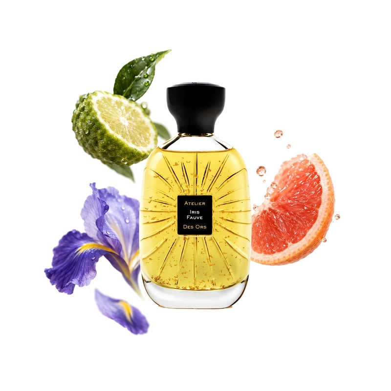 Iris Fauve by Atelier des Ors, bottle pictured with its key notes: Bergamot, Grapefruit and Iris