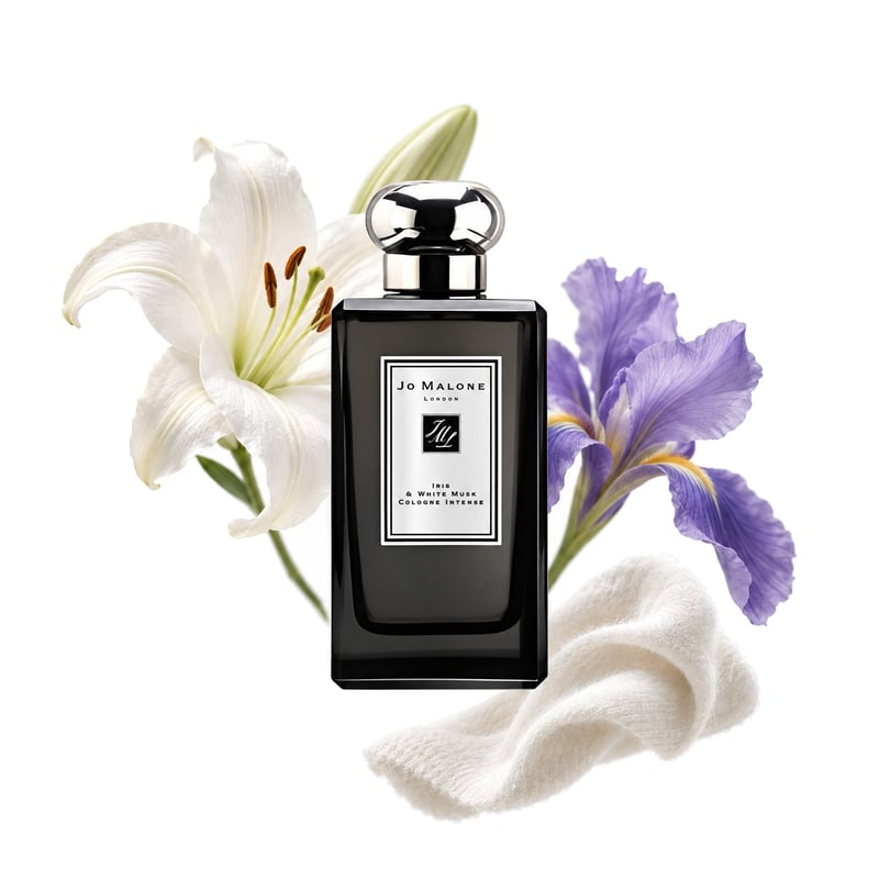Iris & White Musk by Jo Malone London, bottle pictured with its key notes: Casablanca Lily, Iris and White Musk