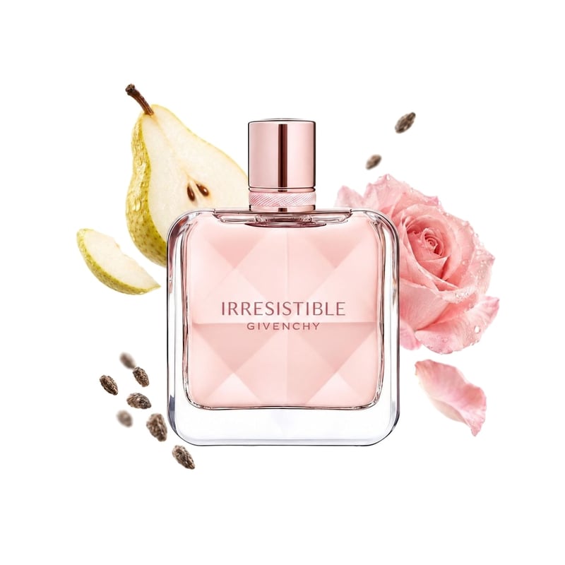 Irresistible Givenchy by Givenchy, bottle pictured with its key notes: Pear, Ambrette (musk Mallow) and Rose