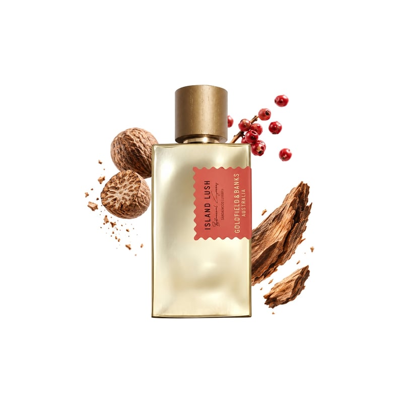 Island Lush by Goldfield & Banks, bottle pictured with its key notes: Nutmeg, Pink Pepper and Guaiac Wood