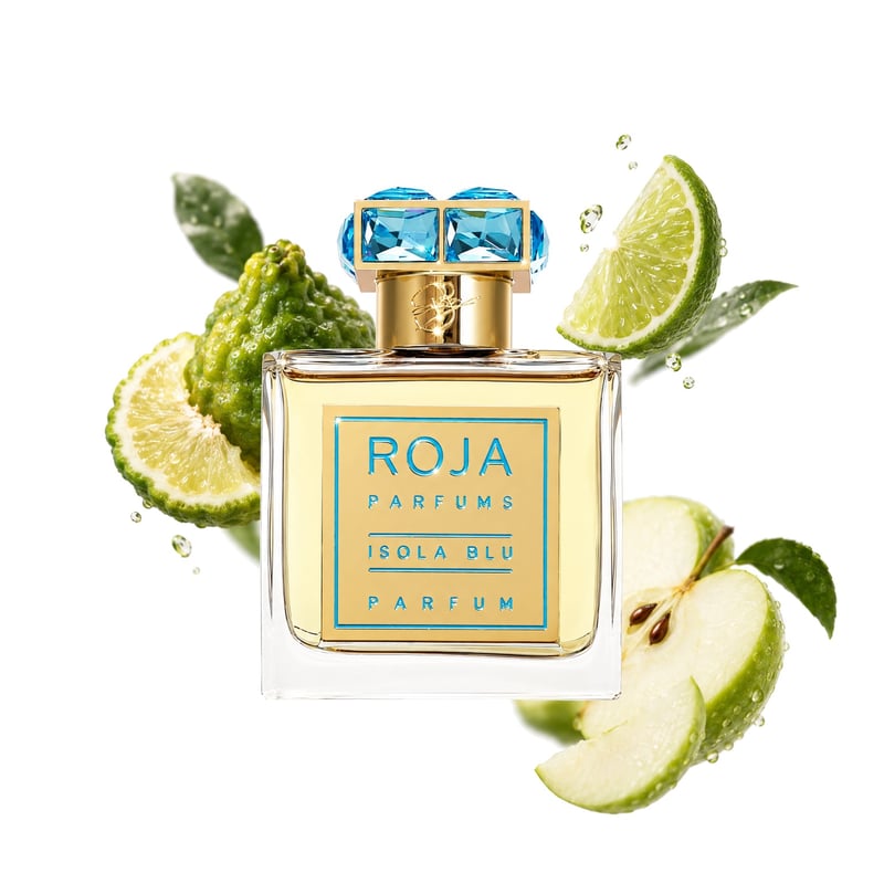 Isola Blu by Roja Dove, bottle pictured with its key notes: Lime, Bergamot and Apple