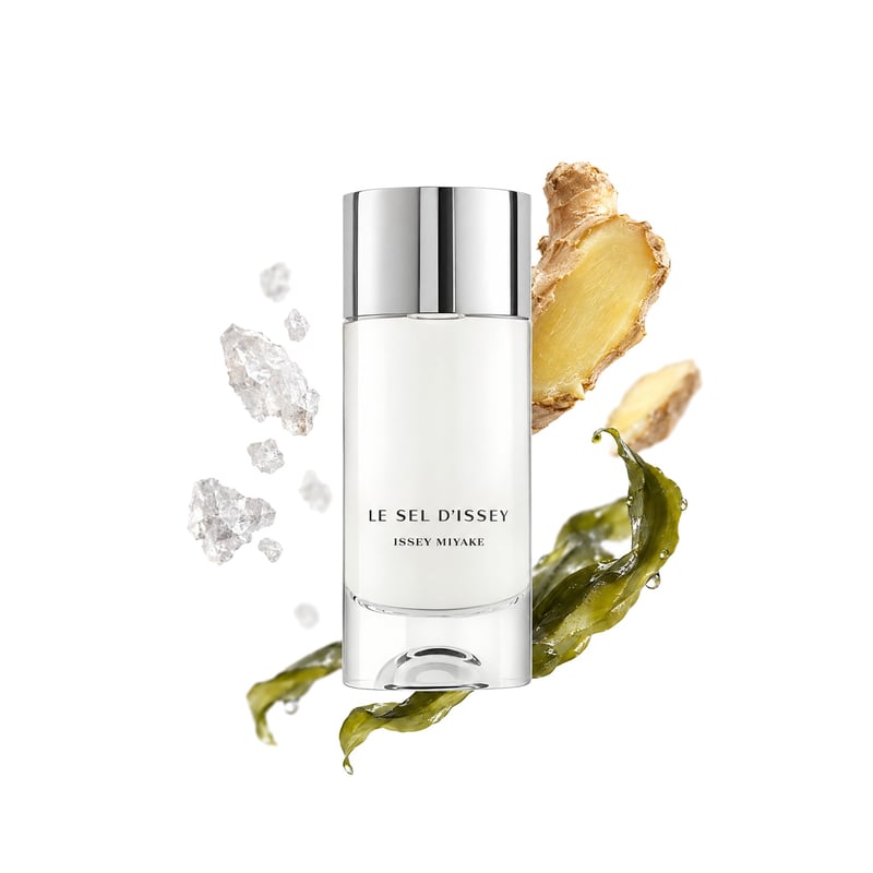 Le Sel d'Issey von Issey Miyake, Flakon mit seinen Hauptnoten: Meersalz, Ingwer und Seetang