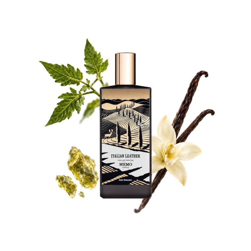 Italian Leather by Memo Paris, bottle pictured with its key notes: Tomato Leaf, Vanilla and Galbanum