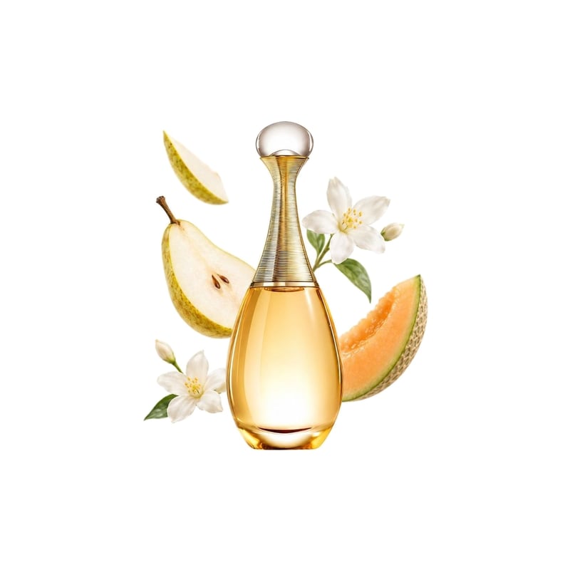 J'adore by Dior, bottle pictured with its key notes: Pear, Melon and Jasmine