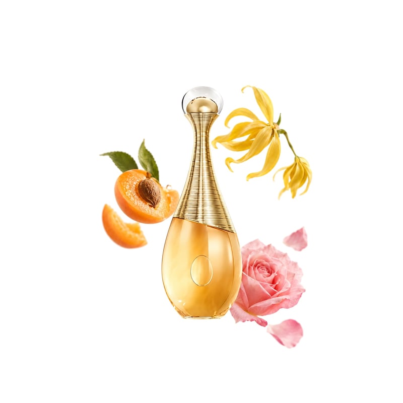 J'adore Intense by Dior, bottle pictured with its key notes: Apricot, Ylang-ylang and Rose