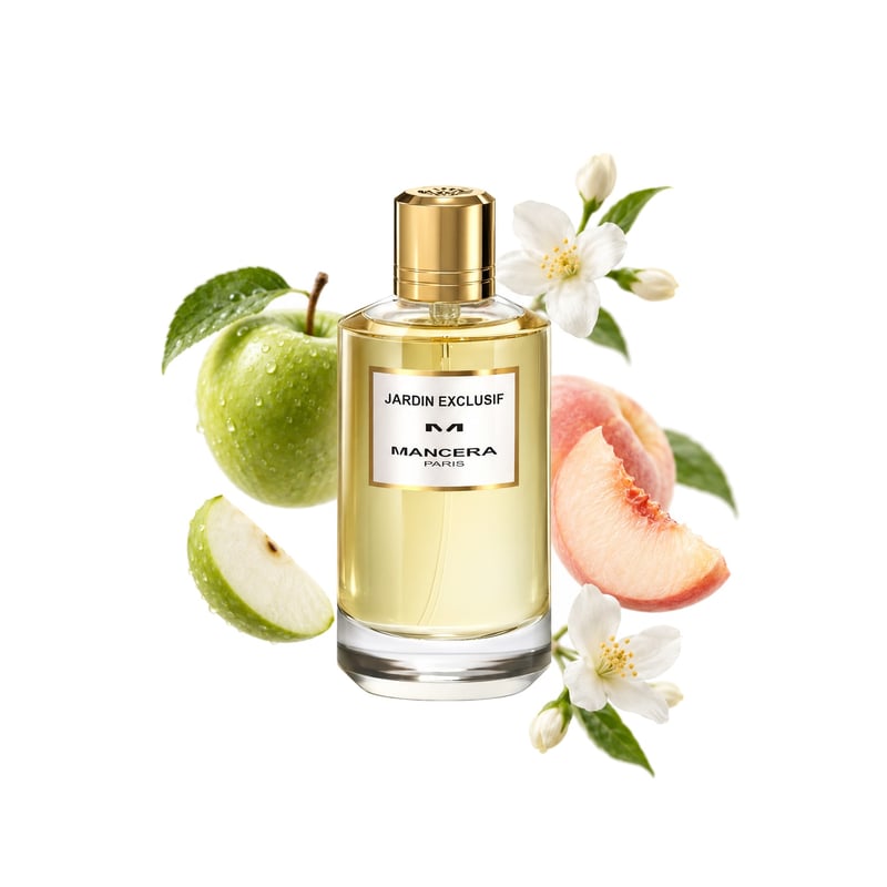 Jardin Exclusif by Mancera, bottle pictured with its key notes: Green Apple, White Peach and Jasmine