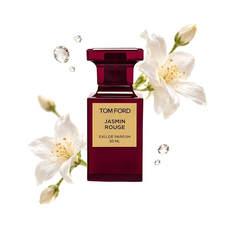 Jasmin Rouge by Tom Ford, bottle pictured with its key notes: Aldehydes, Sambac Jasmine and Jasmine