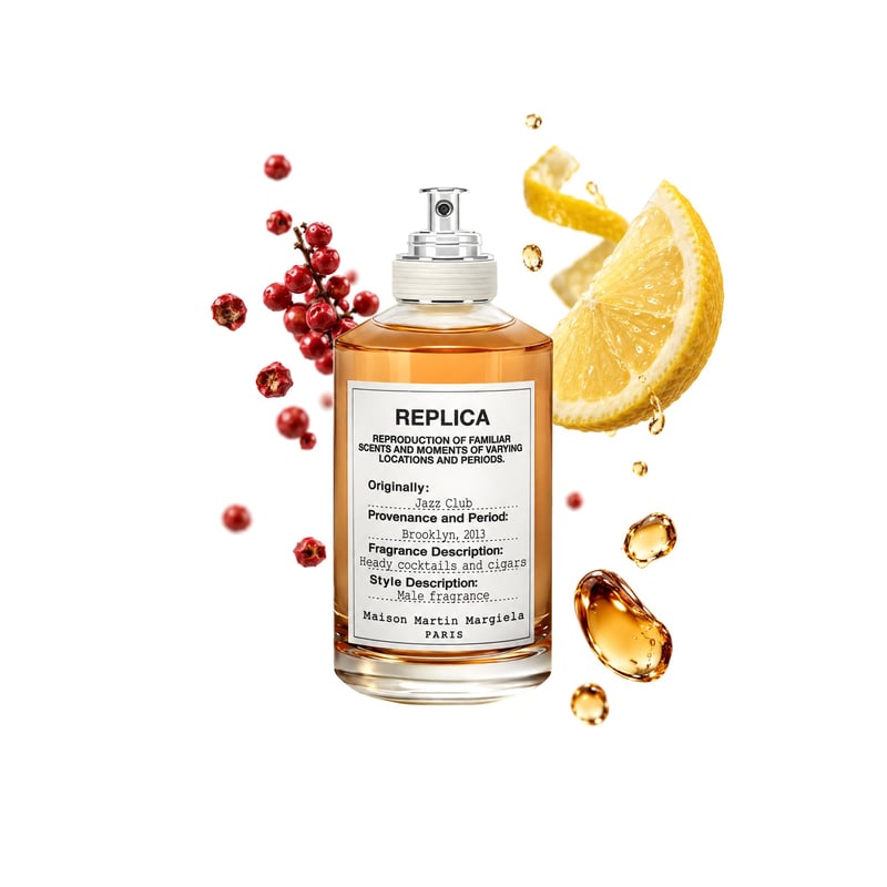 Jazz Club by Maison Margiela, bottle pictured with its key notes: Pink Pepper, Lemon and Rum