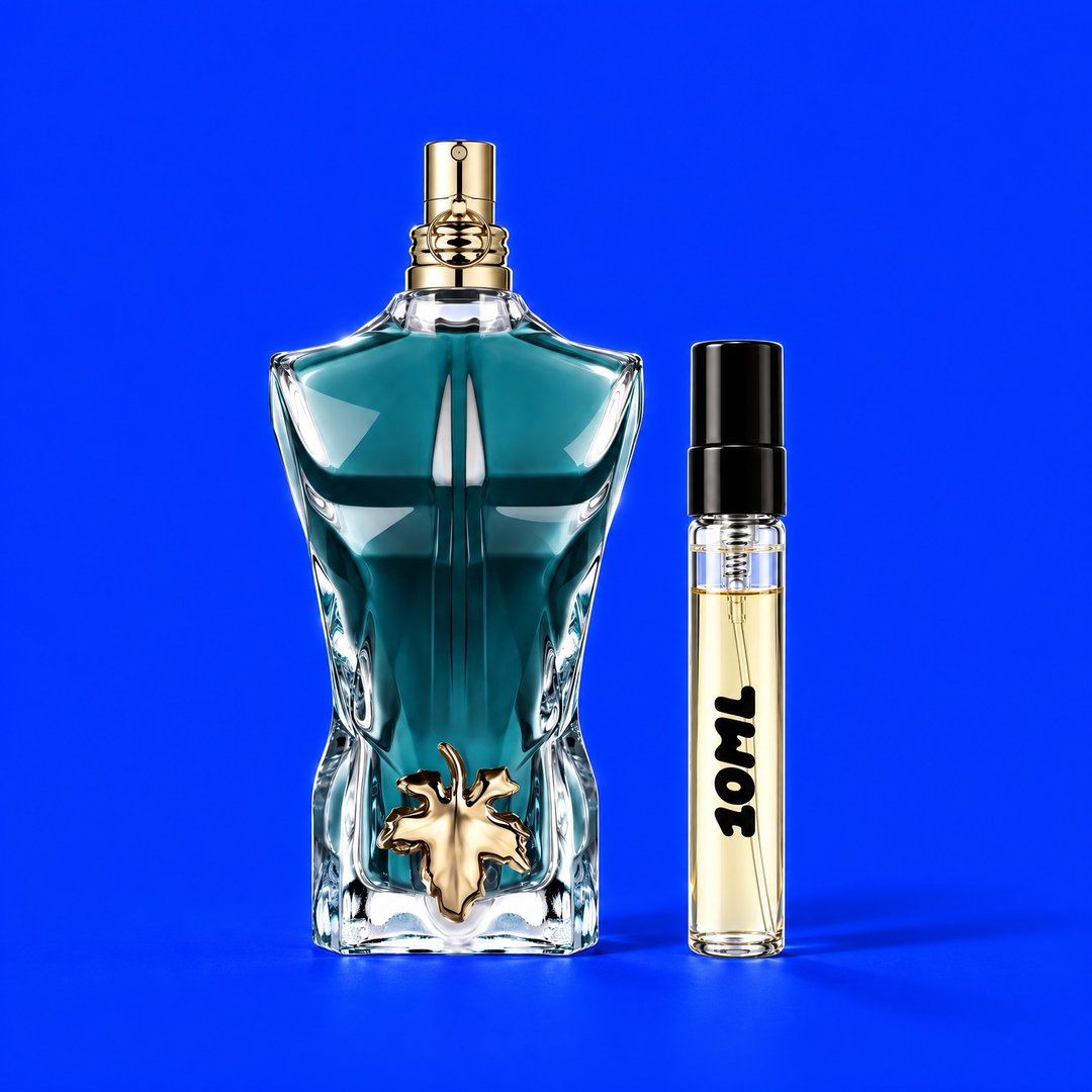 10 ml decant of Le Beau Eau de Toilette by Jean Paul Gaultier next to the original bottle