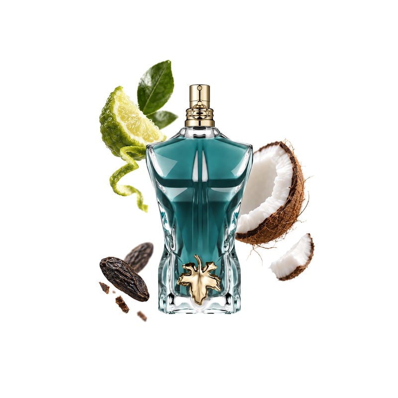 Le Beau Eau de Toilette by Jean Paul Gaultier, bottle pictured with its key notes: Bergamot, Coconut and Tonka Bean