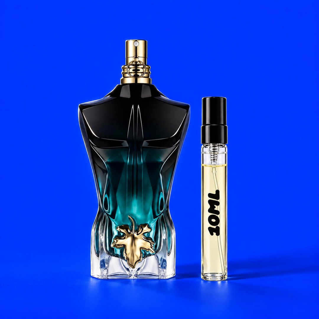 Decant van 10 ml van Le Beau Le Parfum (Jean Paul Gaultier) naast de originele fles