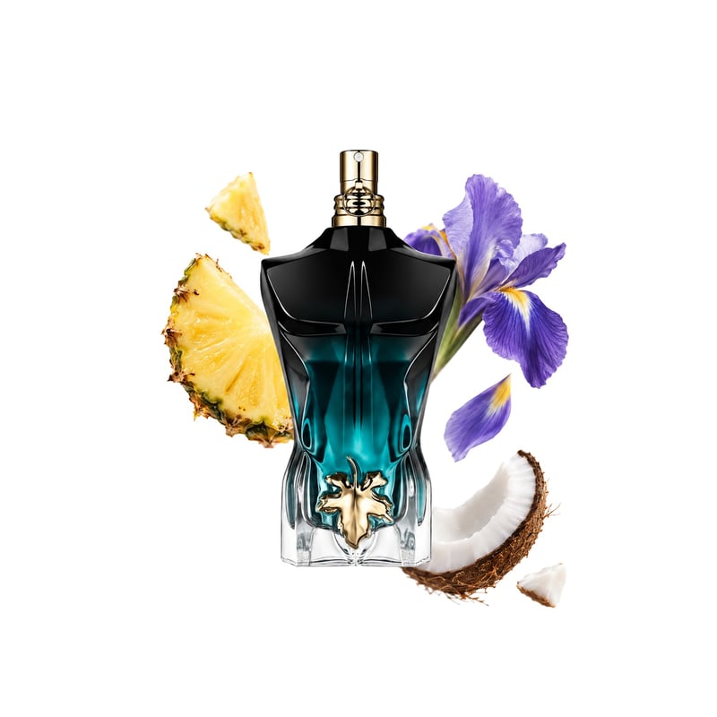 Le Beau Le Parfum de Jean Paul Gaultier, frasco fotografado com as notas principais: Ananás, Íris e Coco