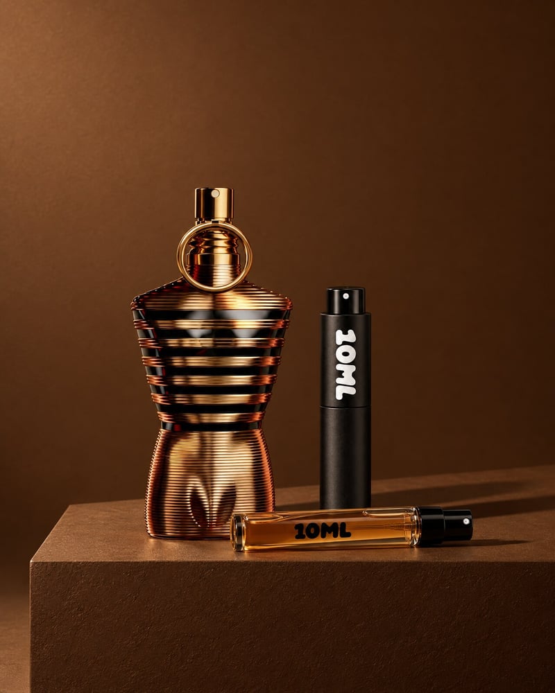 Jean Paul Gaultier Le Male Elixir with a 10ML travel atomiser and a 10ML refill vial on a brown plinth