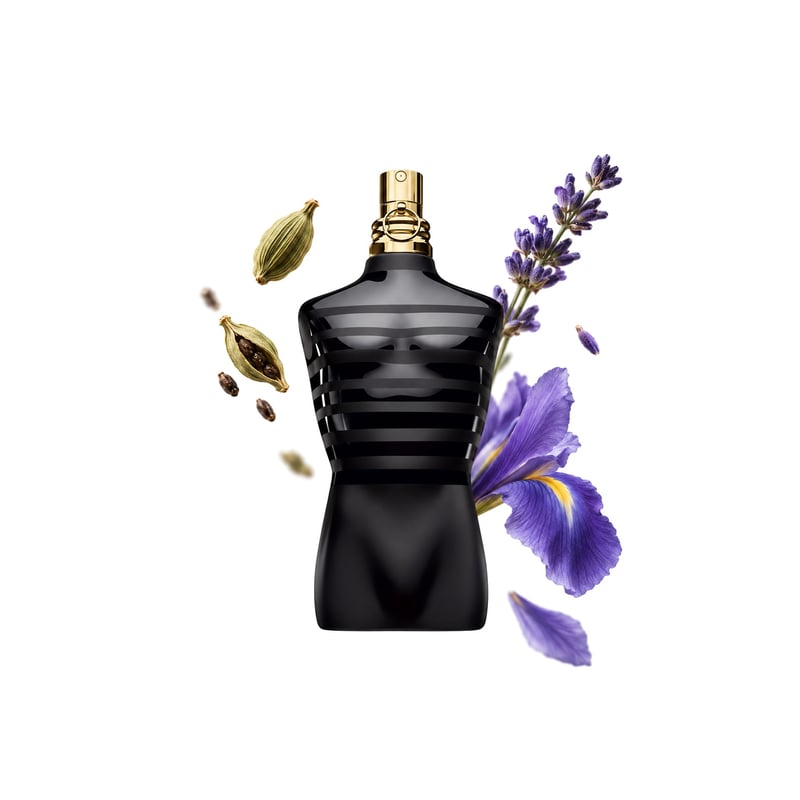 Le Male Le Parfum de la Jean Paul Gaultier, flacon alături de notele principale: Cardamom, Lavandă și Iris