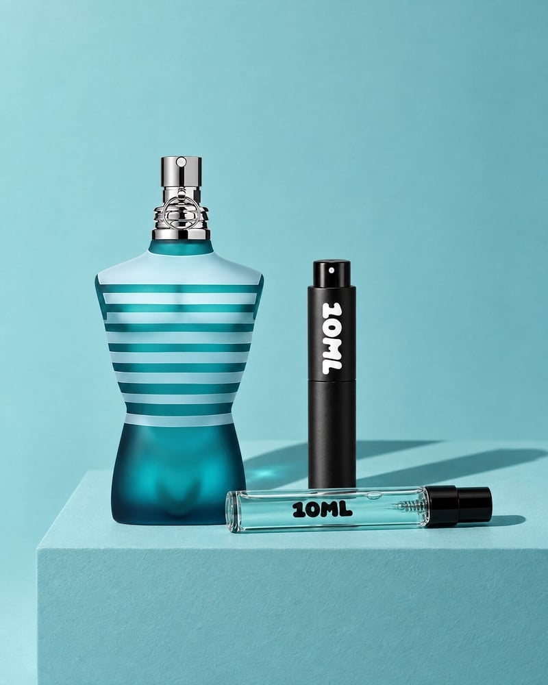 Jean Paul Gaultier Le Male mit einem 10ML-Reisezerstäuber und einem 10ML-Nachfüllfläschchen auf einem blauen Sockel