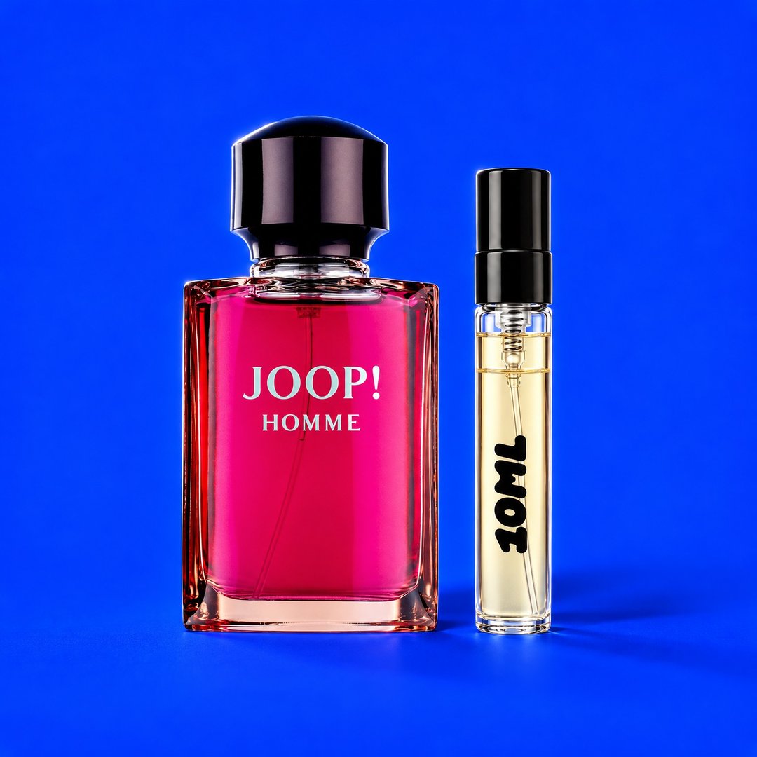 Decant da 10 ml di Joop! Homme di Joop! accanto al flacone originale